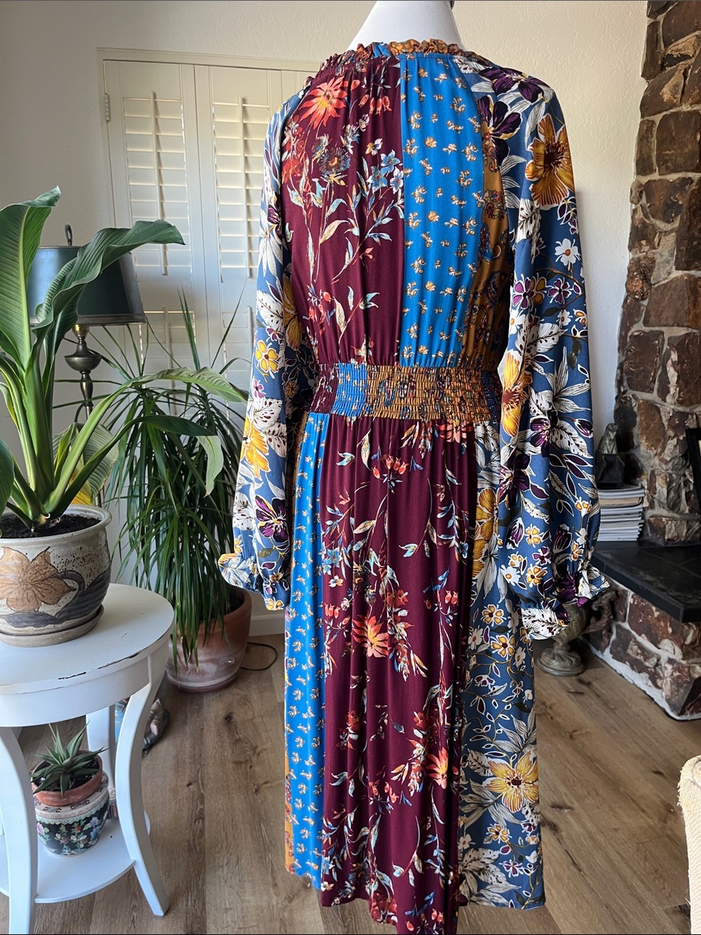 ODDY Boho Patchwork Midi Dress in Mustard, Blue & Burgundy - Picture 7 of 10